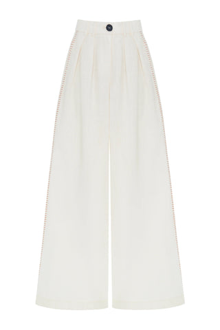 Embroidered Detail Wide-Leg Linen Trousers