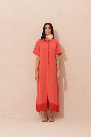 Farah Fringed Red Tencel Shirt Dress