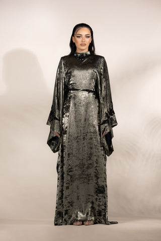 Infinity Silk Embellished Abaya – Metallic Gray