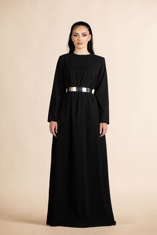 Mariam Satin Dress with Statement Belt – Black