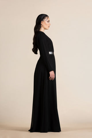 Mariam Satin Dress with Statement Belt – Black