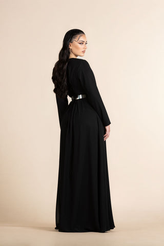 Mariam Satin Dress with Statement Belt – Black