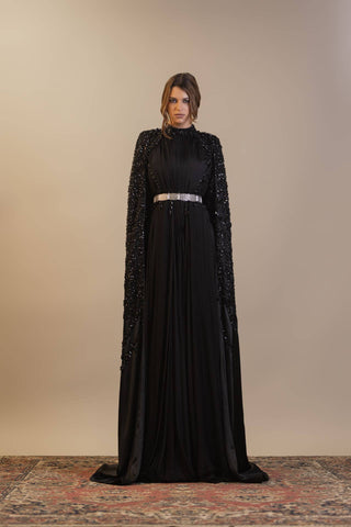 Moonlit Gem Embellished Silk Gown – Black