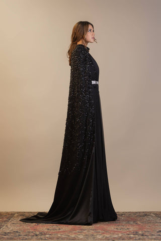 Moonlit Gem Embellished Silk Gown – Black
