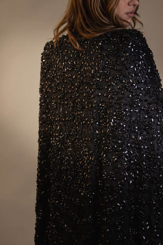 Moonlit Gem Embellished Silk Gown – Black
