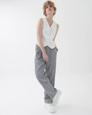 Marlowe Striped Pleated Trousers – Navy/Ecru