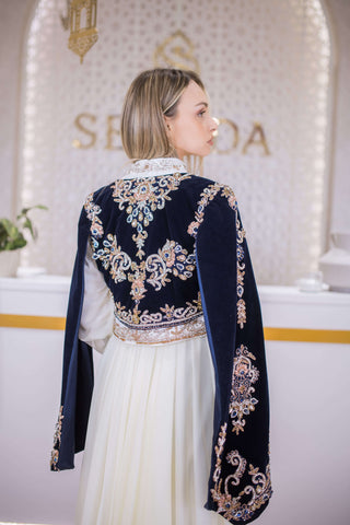 Velvet Noor Embellished Velvet Kaftan – Navy