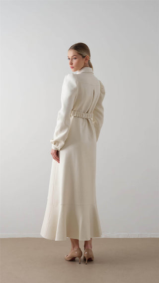 Elastic Belted Tweed Dress – Ecru