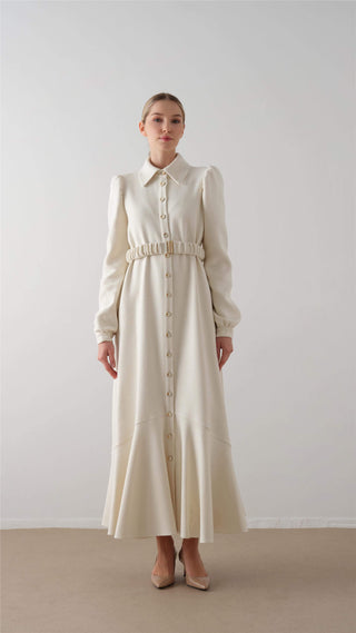 Elastic Belted Tweed Dress – Ecru