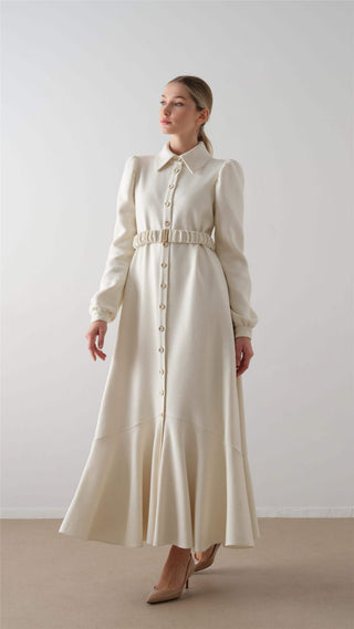 Elastic Belted Tweed Dress – Ecru