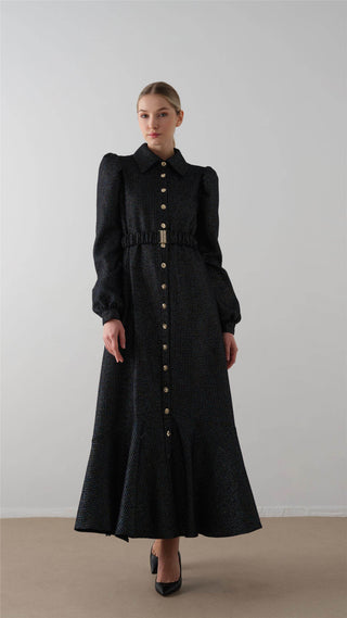 Elastic Belted Tweed Dress – Black