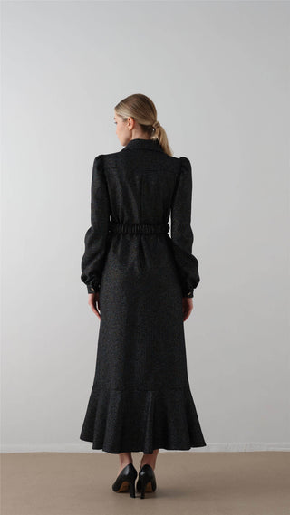 Elastic Belted Tweed Dress – Black