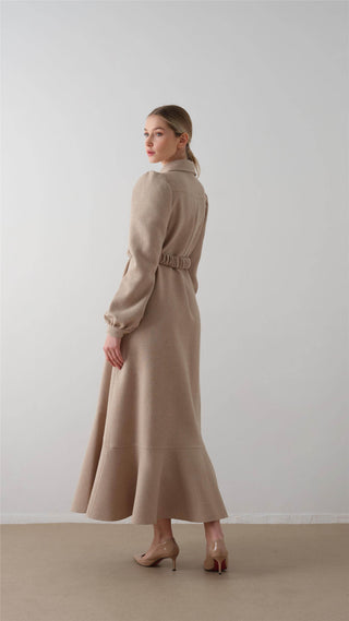 Elastic Belted Tweed Dress – Taupe