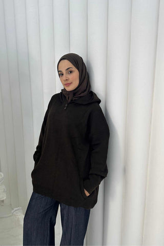 Buttoned Hoodie Sweater – Dark Brown