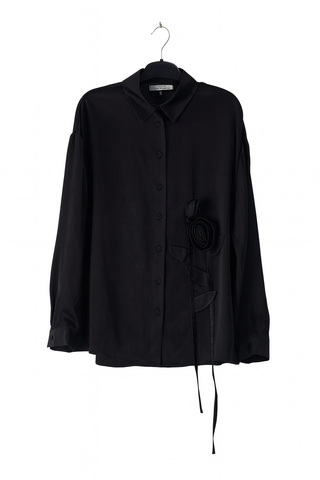 Rose Appliqué Silk Drape Shirt – Black