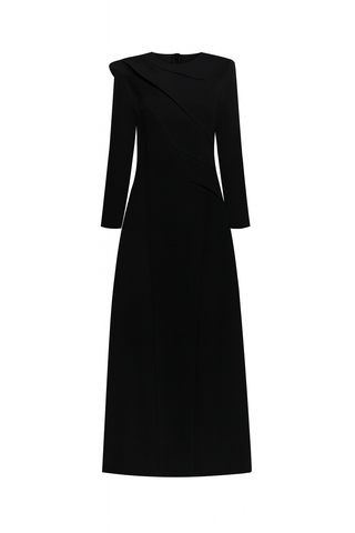Asymmetric Draped Long-Sleeve Evening Dress - Black