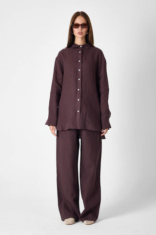 Pure Linen Relaxed Wide-Leg Trousers – Brown