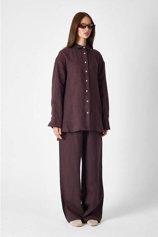 Pure Linen Relaxed Wide-Leg Trousers – Brown