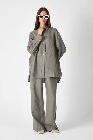 Pure Linen Relaxed Wide-Leg Trousers – Khaki