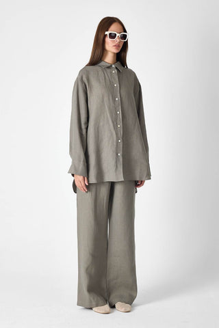 Pure Linen Relaxed Wide-Leg Trousers – Khaki
