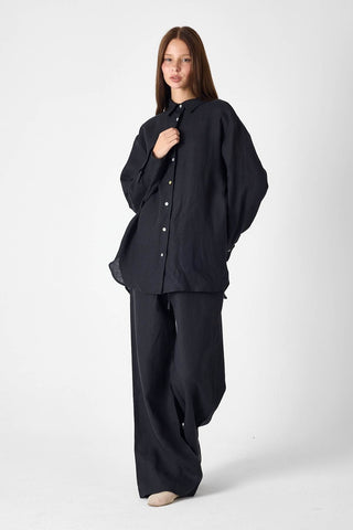 Pure Linen Relaxed Wide-Leg Trousers – Black
