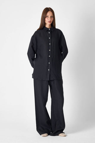 Pure Linen Relaxed Wide-Leg Trousers – Black