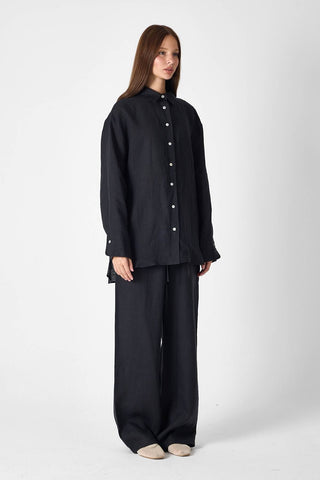 Pure Linen Relaxed Wide-Leg Trousers – Black