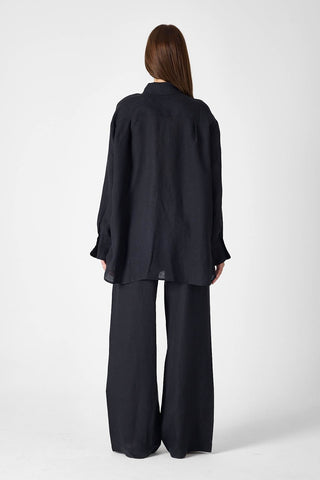 Pure Linen Relaxed Wide-Leg Trousers – Black
