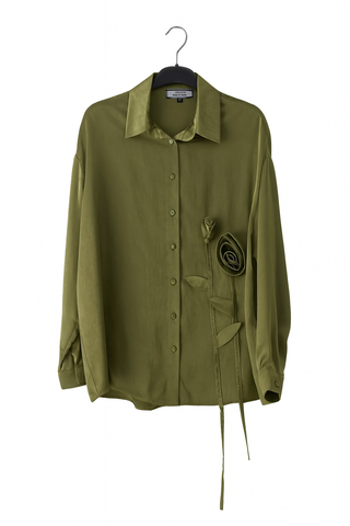 Rose Appliqué Silk Drape Shirt – Khaki