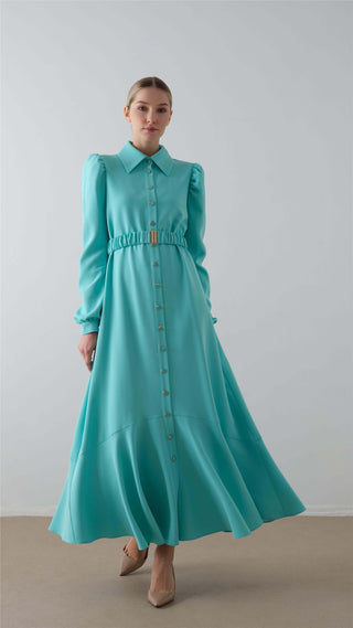 Belted Button-Down Crepe Dress – Blue