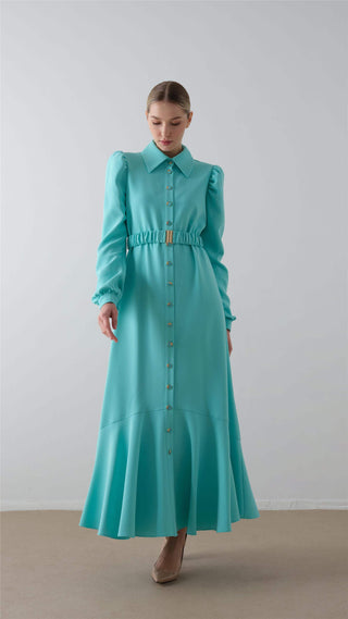 Belted Button-Down Crepe Dress – Blue