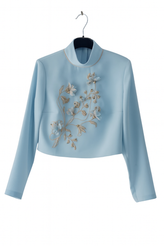 Floral Embroidered Blouse & Skirt Set – Light Blue