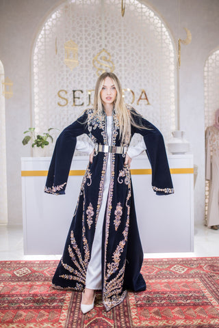 Diamond Bloom Embellished Velvet Kaftan – Navy