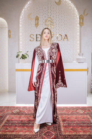 Goldline Couture Embellished Velvet Kaftan – Deep Red