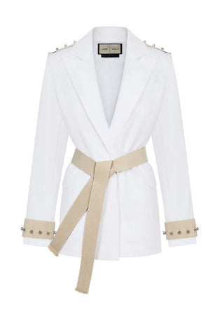 Elara Embellished Belted Blazer – White