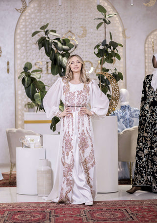 Radiant Bloom Embellished Satin Kaftan – White