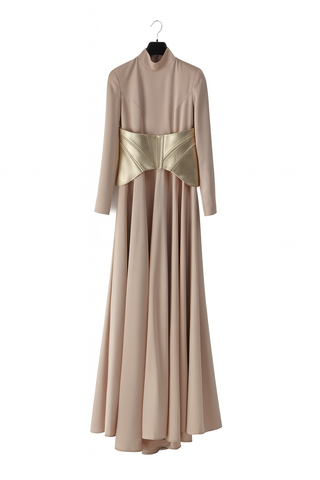 Satin Gown with Metallic Corset – Beige