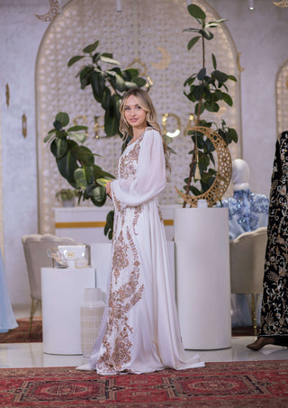 Radiant Bloom Embellished Satin Kaftan – White