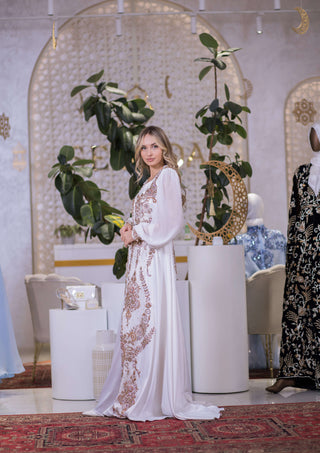 Radiant Bloom Embellished Satin Kaftan – White