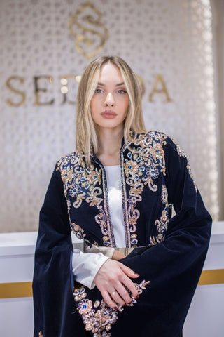 Diamond Bloom Embellished Velvet Kaftan – Navy