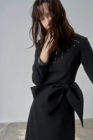 Embellished Bow Detail Evening Gown – Black