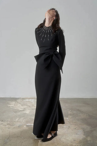 Embellished Bow Detail Evening Gown – Black