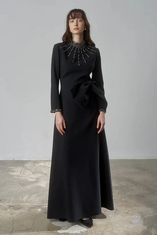 Embellished Bow Detail Evening Gown – Black
