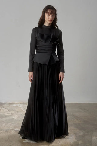 Satin Draped Long Evening Dress with Pleated Skirt - Black