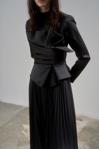 Satin Draped Long Evening Dress with Pleated Skirt - Black