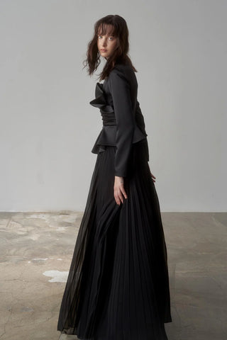 Satin Draped Long Evening Dress with Pleated Skirt - Black
