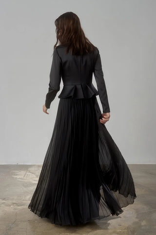 Satin Draped Long Evening Dress with Pleated Skirt - Black