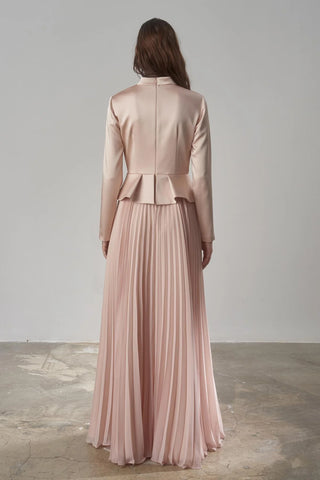 Satin Draped Long Evening Dress with Pleated Skirt - Beige