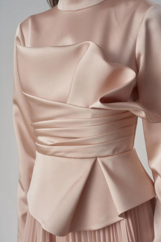 Satin Draped Long Evening Dress with Pleated Skirt - Beige