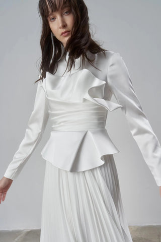 Satin Draped Long Evening Dress with Pleated Skirt - White
